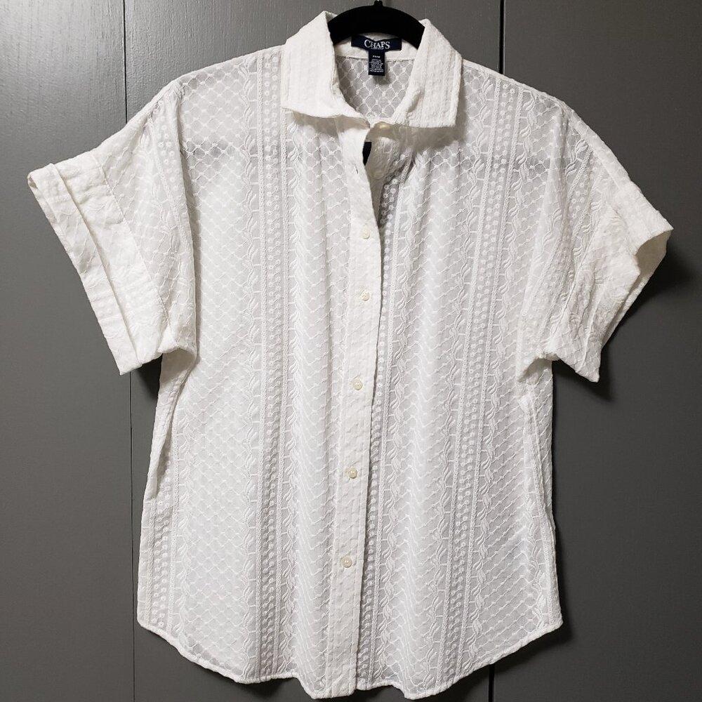 NEW Chaps Petite Eyelet 100% Cotton White Shirt